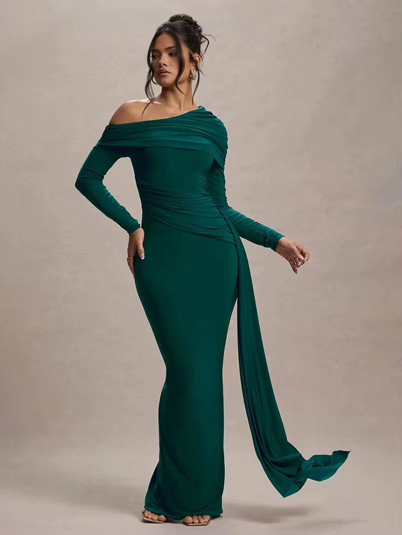 Skew Collar Long Sleeve Sexy Maxi Dress for Women Gown Fashion Backless Draped Ruched Bodycon Club Long Dress Elegant