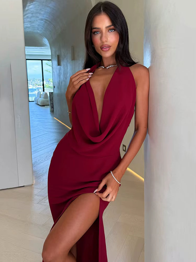 Deep V Neck Halter Sexy Maxi Dress Women Elegant Summer Backless High Split Slim Long Dresses Basics Casual Vestido