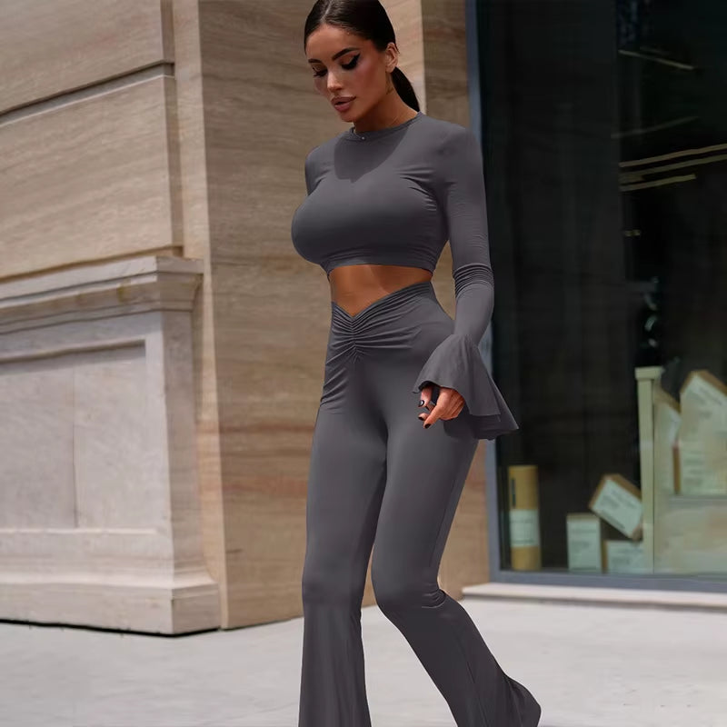 Fashion Casual Ruffle Detail Women Sets Ruched Top and Trousers Outfits for Women Suits Two Piece Sets Clothes