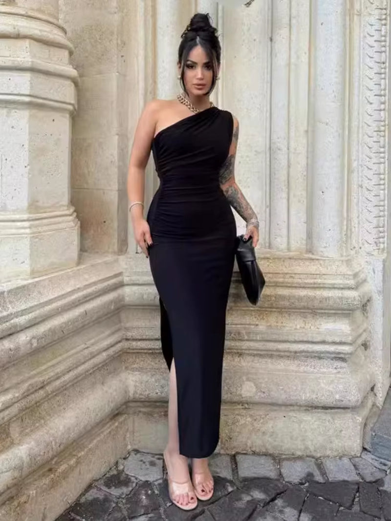 Black Maxi Dress Women Elegant Party Summer Fashion Sexy Split Sleeveless Backless Dress off Shoulder Streetwear Club Slim Dress
