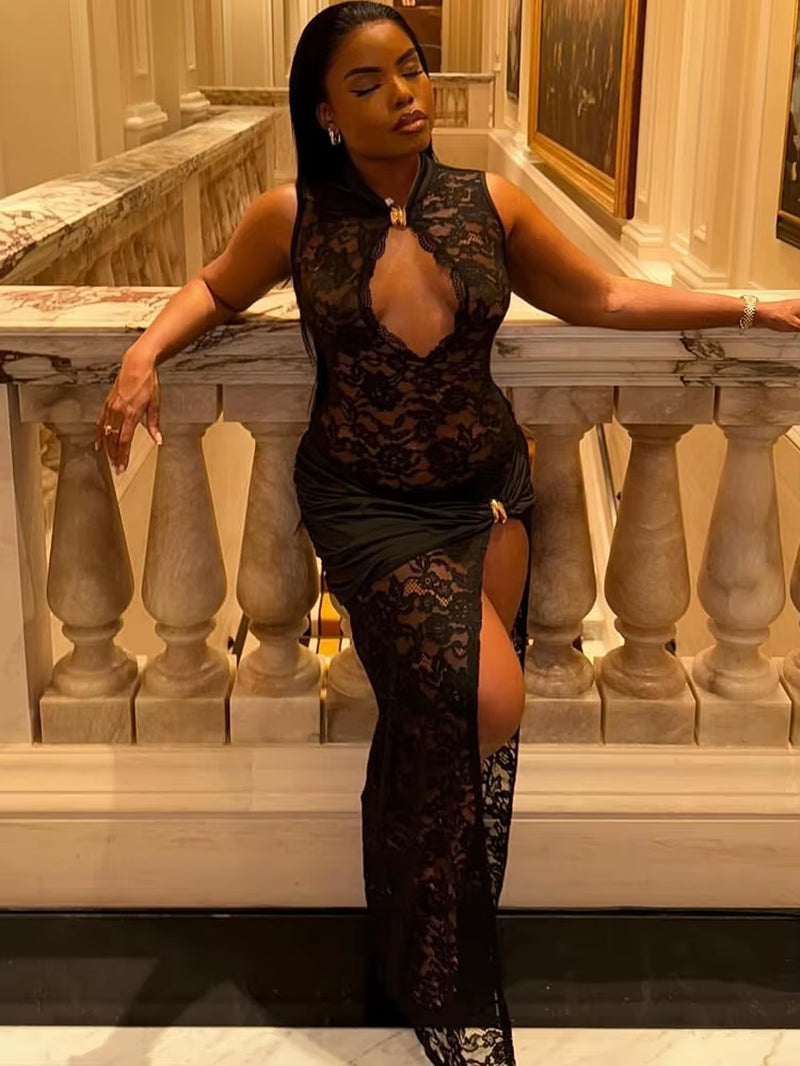 Black Lace Long Dress for Women Sleeveless Hollow Out High Slit Bodycon Evening Dresses Sexy Slim Party Vestidos