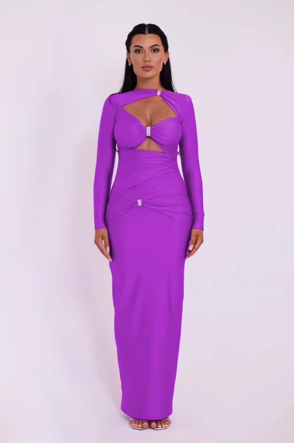 Elegant Hollow Out Long Sleeve Sexy Maxi Dress for Women Solid Color Slim Fit Cut Out Club Party Long Dress New