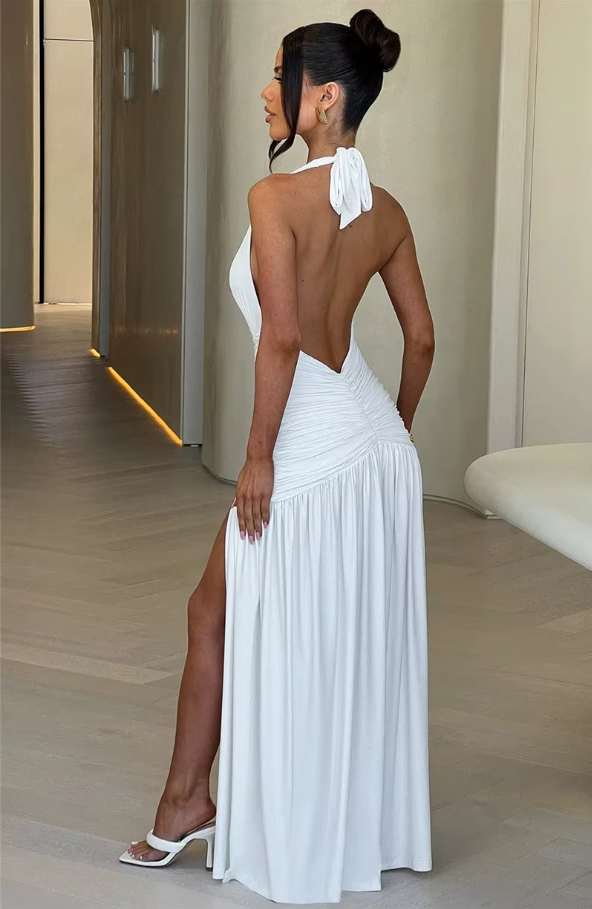 Halter Deep V Neck Backless Maxi Dress for Women Fashion Solid Sleeveless Thigh High Split Sexy Long Dress Elegant