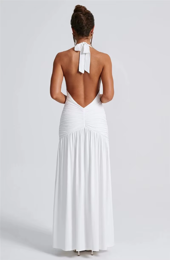 Halter Deep V Neck Backless Maxi Dress for Women Fashion Solid Sleeveless Thigh High Split Sexy Long Dress Elegant