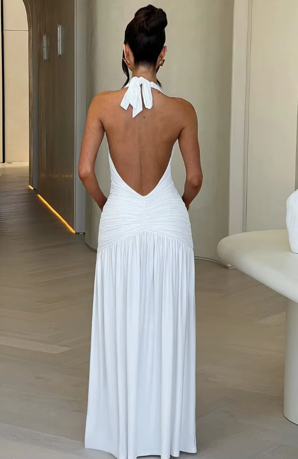 Halter Deep V Neck Backless Maxi Dress for Women Fashion Solid Sleeveless Thigh High Split Sexy Long Dress Elegant