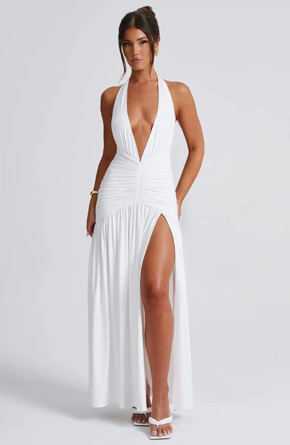 Halter Deep V Neck Backless Maxi Dress for Women Fashion Solid Sleeveless Thigh High Split Sexy Long Dress Elegant