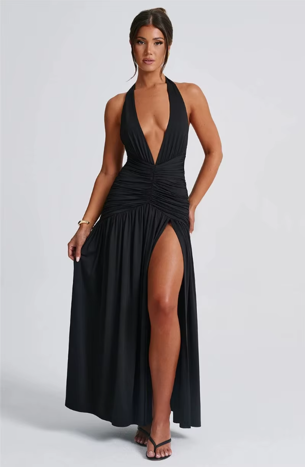 Halter Deep V Neck Backless Maxi Dress for Women Fashion Solid Sleeveless Thigh High Split Sexy Long Dress Elegant