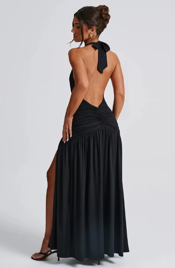 Halter Deep V Neck Backless Maxi Dress for Women Fashion Solid Sleeveless Thigh High Split Sexy Long Dress Elegant
