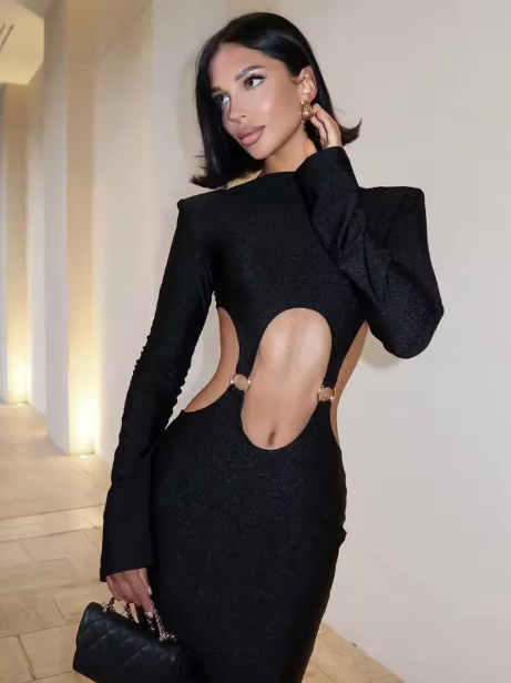 Fashion Solid Long Sleeve Shoulder Pads Hollow Out Loop Sexy Slim Maxi Prom Dress Summer New Outfit Vacation Nightclub