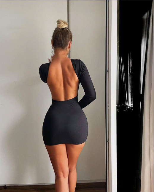 Basic Payment Casual Mini Dress Women Concise Classic Backless Full Sleeve O-Neck Basic Female Bodycon Street Clothing