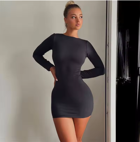 Basic Payment Casual Mini Dress Women Concise Classic Backless Full Sleeve O-Neck Basic Female Bodycon Street Clothing