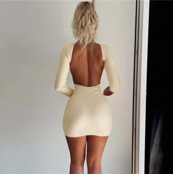 Basic Payment Casual Mini Dress Women Concise Classic Backless Full Sleeve O-Neck Basic Female Bodycon Street Clothing