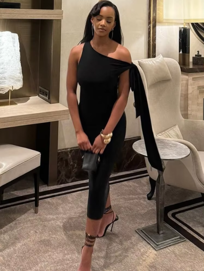 Elegant Solid Long Maxi Dress Women Hipster Sexy Skew Collar Ribbons Skinny Vestidos 2025 Spring Birthday Party Clubwear