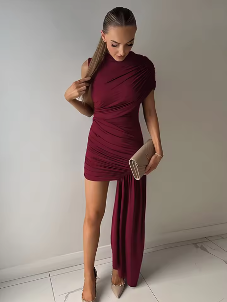 Irregular Draped Ruched Sexy Mini Dress for Women Elegant Turtleneck Sleeveless High Waist Pleated Club Party Dress