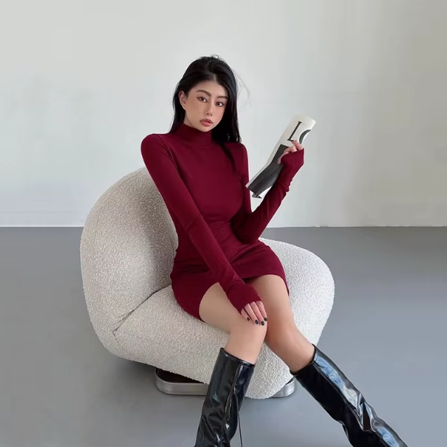 Black Half Turtleneck Mini Dress Women Y2K Long Sleeve Sexy Slim Hip Dress Fall Winter Ladies Streetwear Party Club Vestidos