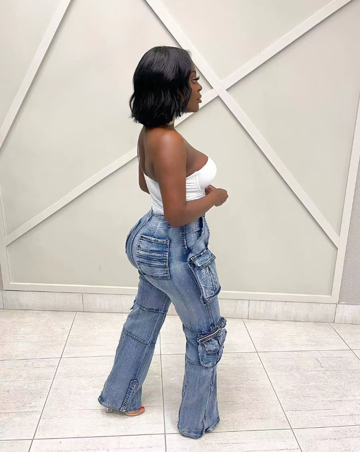 2024 Summer Women Fashion Multi Pocket Straight Zipper Fly Denim Pants Streetwear INS Safari Style Cargo Wide Leg Jeans