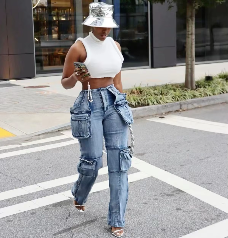 2024 Summer Women Fashion Multi Pocket Straight Zipper Fly Denim Pants Streetwear INS Safari Style Cargo Wide Leg Jeans