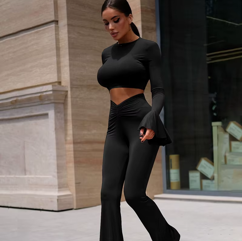 Fashion Casual Ruffle Detail Women Sets Ruched Top and Trousers Outfits for Women Suits Two Piece Sets Clothes