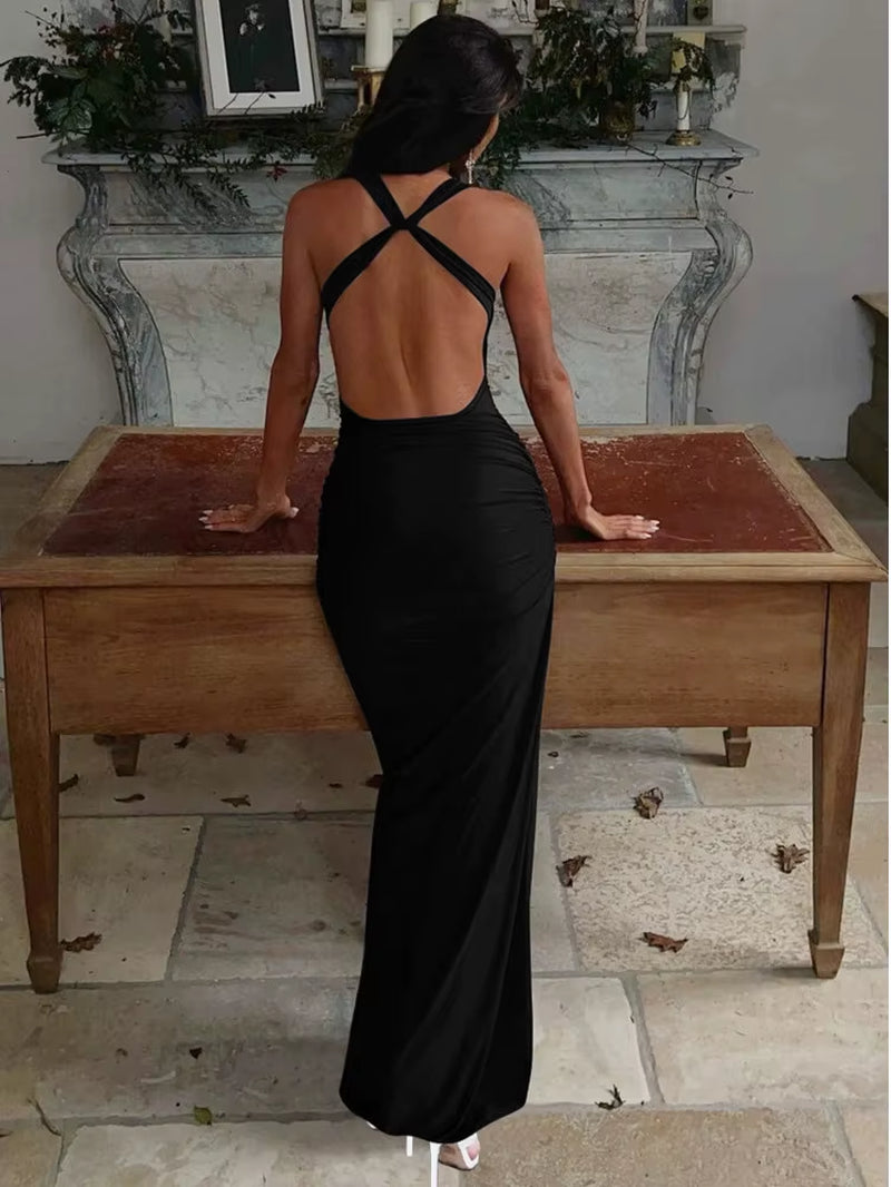 bib Sexy Sleeveless Backless Bodycon Party Club Evening Dress Women 2025 Spring/Summer New Elegant Pleated Slim Vestidos