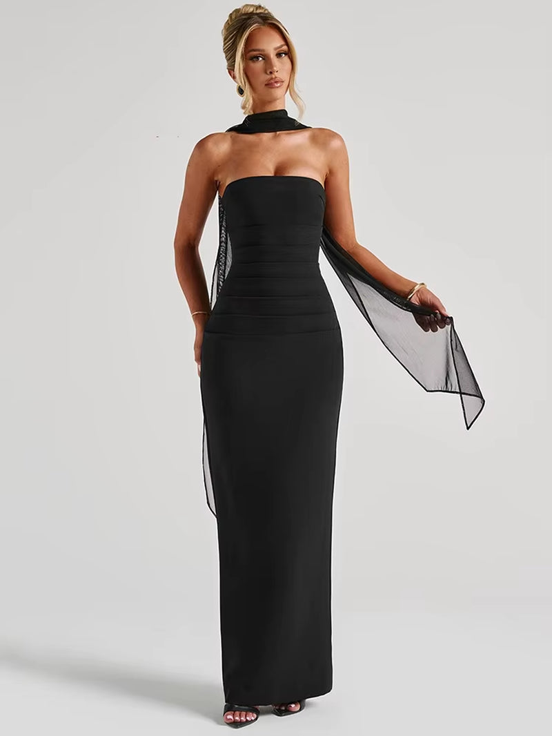 bib Scarf Collar Strapless Sexy Maxi Dress for Women Fashion Off-Shoulder Backless Bodycon Club Party Long Dress Elegant