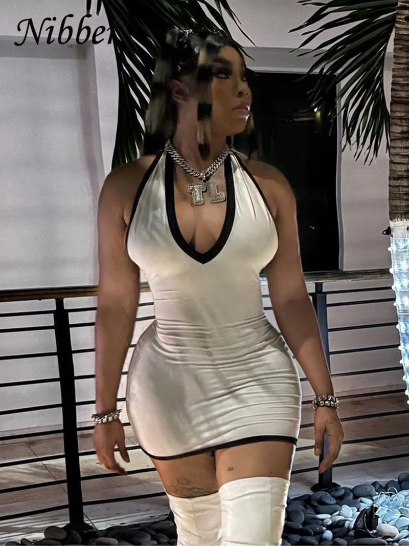 Halter V-Neck Dress Women Contrast Elegan Edging Backless Simple Soft Tight Thin Bodycon Summer Casual Stretch Streetwear