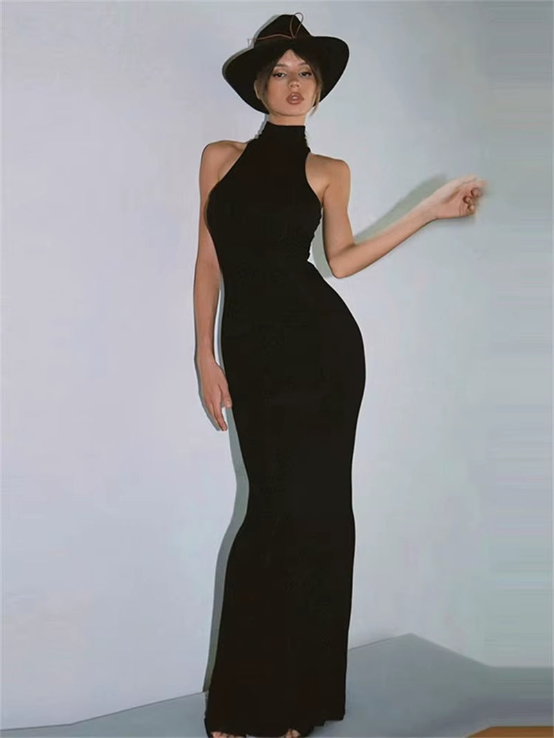 Black Turtleneck Slim Maxi Dress for Women High Waist Solid Slim Summer Patchwork Elegant Party Dress Women&
