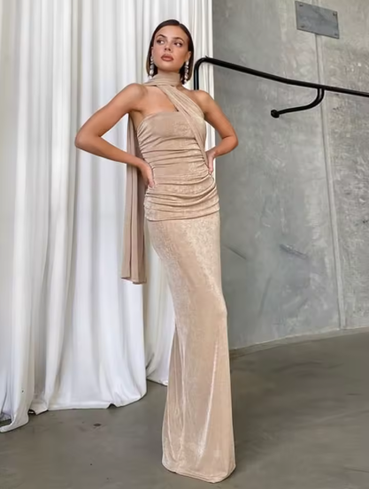 Slash Neck Ribbons Women Dress Hipster Elegant Incline Shoulder Pleated Sleeveless Slim Long Robe Mujer High Street Frock