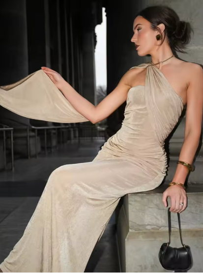 Slash Neck Ribbons Women Dress Hipster Elegant Incline Shoulder Pleated Sleeveless Slim Long Robe Mujer High Street Frock