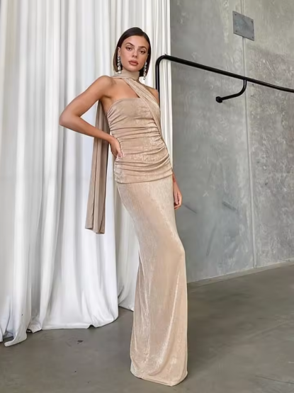 Slash Neck Ribbons Women Dress Hipster Elegant Incline Shoulder Pleated Sleeveless Slim Long Robe Mujer High Street Frock