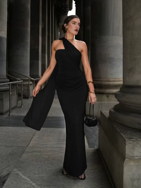 Slash Neck Ribbons Women Dress Hipster Elegant Incline Shoulder Pleated Sleeveless Slim Long Robe Mujer High Street Frock
