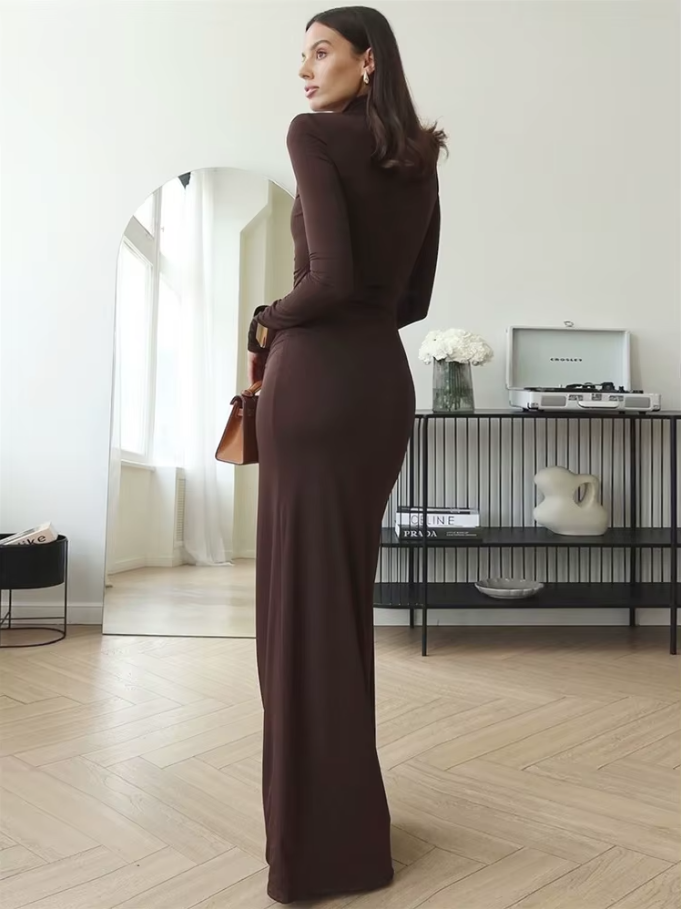 Fashion Pleated Bandage Long Dress for Women High Waist Slim Patchwork Long Sleeve Elegant Commute Women&