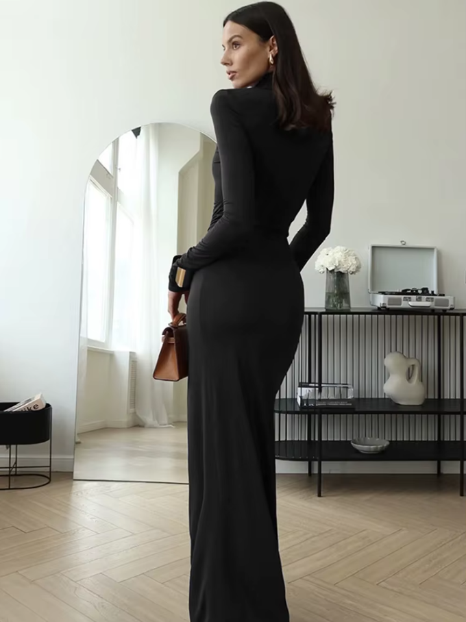 Fashion Pleated Bandage Long Dress for Women High Waist Slim Patchwork Long Sleeve Elegant Commute Women&