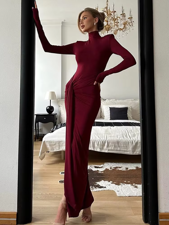 Fashion Pleated Bandage Long Dress for Women High Waist Slim Patchwork Long Sleeve Elegant Commute Women&