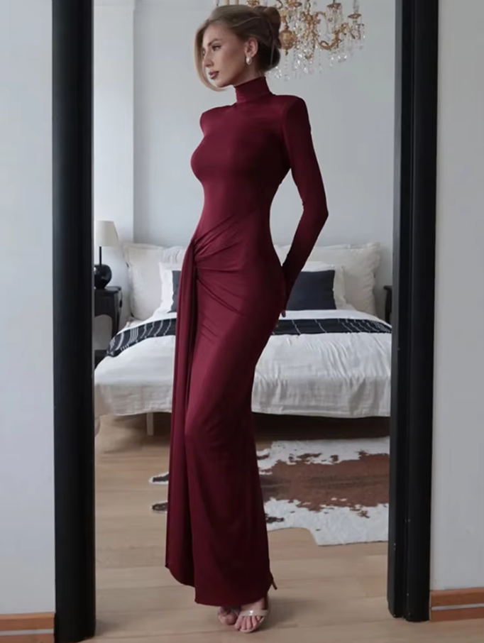 Fashion Pleated Bandage Long Dress for Women High Waist Slim Patchwork Long Sleeve Elegant Commute Women&