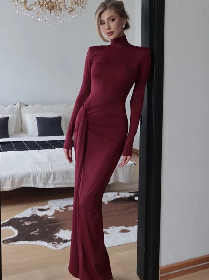 Fashion Pleated Bandage Long Dress for Women High Waist Slim Patchwork Long Sleeve Elegant Commute Women&