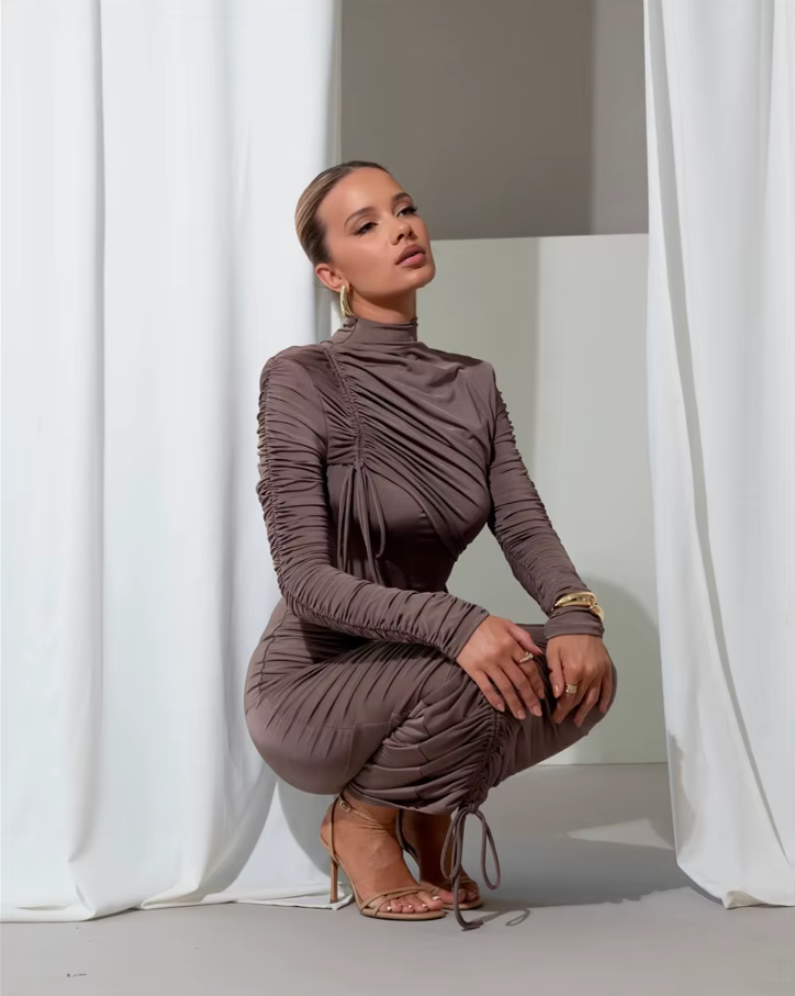 Long Sleeve Ruched Sexy Maxi Dress for Women Autumn Winter New Drawstring Turtleneck Bodycon Sexy Long Dress Elegant