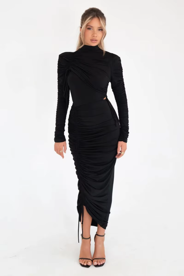 Long Sleeve Ruched Sexy Maxi Dress for Women Autumn Winter New Drawstring Turtleneck Bodycon Sexy Long Dress Elegant