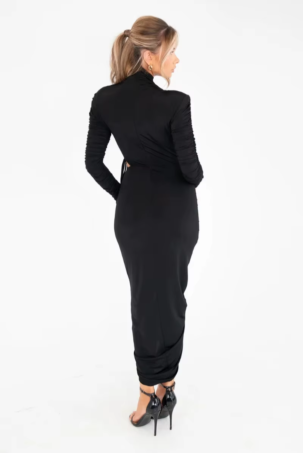 Long Sleeve Ruched Sexy Maxi Dress for Women Autumn Winter New Drawstring Turtleneck Bodycon Sexy Long Dress Elegant