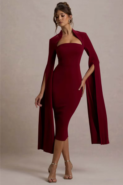 Cape Long Sleeve Sexy Midi Dress for Women Autumn Winter New Square Collar Back Slit Bodycon Club Party Long Dress