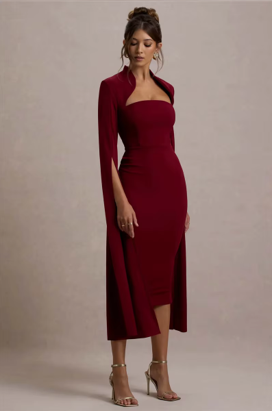 Cape Long Sleeve Sexy Midi Dress for Women Autumn Winter New Square Collar Back Slit Bodycon Club Party Long Dress