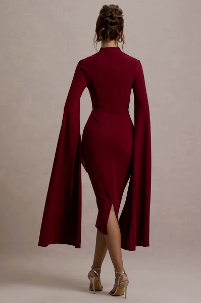Cape Long Sleeve Sexy Midi Dress for Women Autumn Winter New Square Collar Back Slit Bodycon Club Party Long Dress
