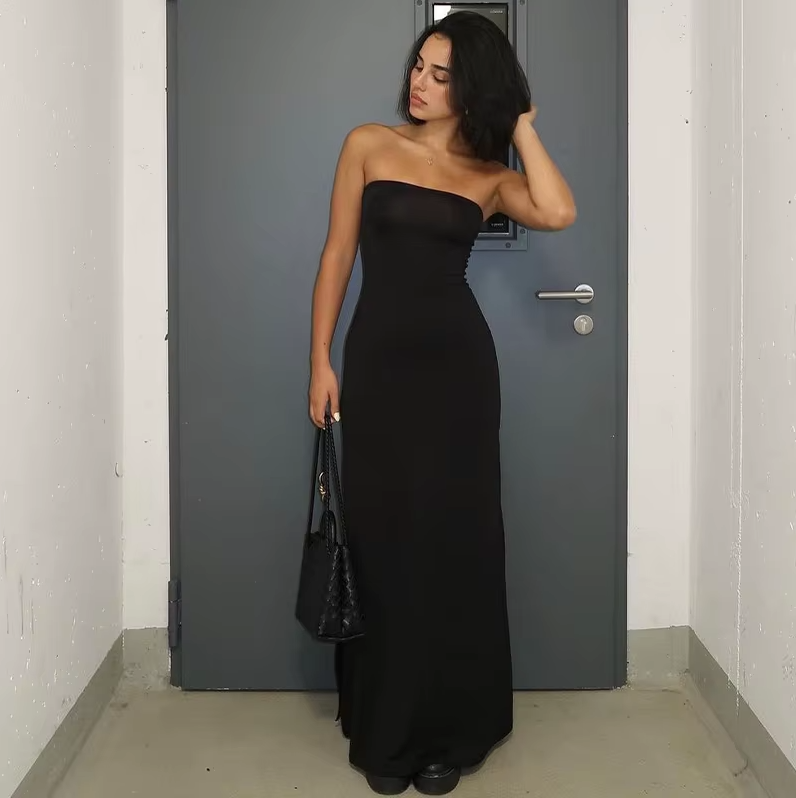 Black Strapless Long Sleeve Sexy Bodycon Maxi Prom Dress 2024 Fall Winter Elegant Women Outfit Evening Party Festival