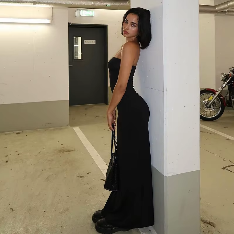 Black Strapless Long Sleeve Sexy Bodycon Maxi Prom Dress 2024 Fall Winter Elegant Women Outfit Evening Party Festival