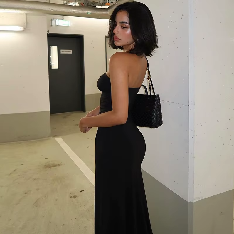 Black Strapless Long Sleeve Sexy Bodycon Maxi Prom Dress 2024 Fall Winter Elegant Women Outfit Evening Party Festival