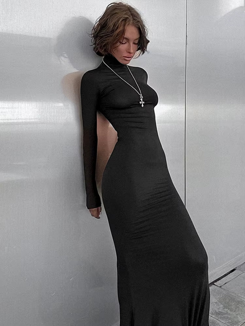 Elegant Dresses for Women Fashion Sexy Solid Turtleneck Full Sleeves Sheath Long Vestidos Robes Female Party Regular