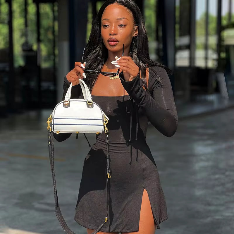 Women Sexy Mini Dresses Solid New Spring Fashion Long Sleeves Lace-Up Split Bodycon Dress Lady Elegant Knitted Dresses Clothing