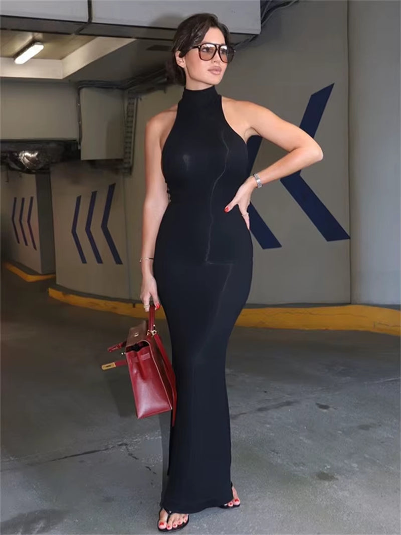 Black Turtleneck Slim Maxi Dress for Women High Waist Solid Slim Summer Patchwork Elegant Party Dress Women&
