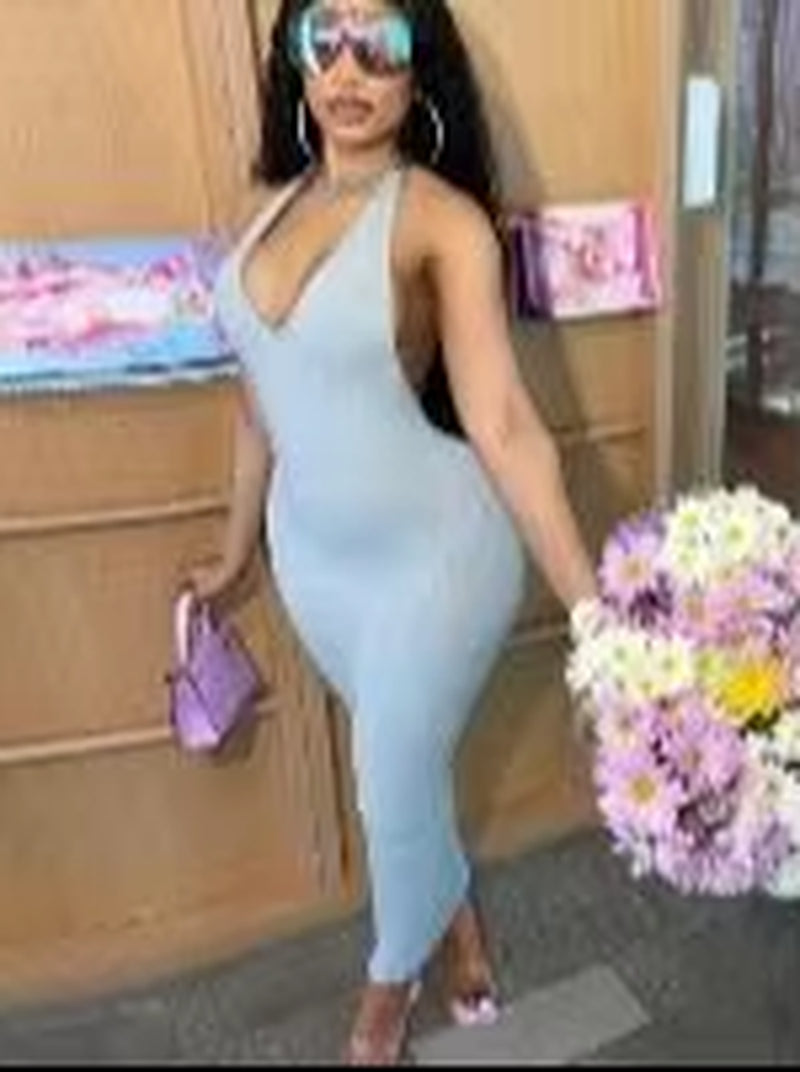 Pure Halter V Neck Midi Dress Backless Sleeveless Bodycon Sexy Streetwear Party Elegant Club 2021 Summer Clothes