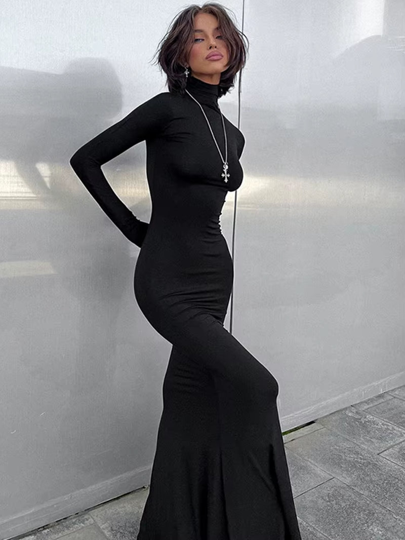 Elegant Dresses for Women Fashion Sexy Solid Turtleneck Full Sleeves Sheath Long Vestidos Robes Female Party Regular