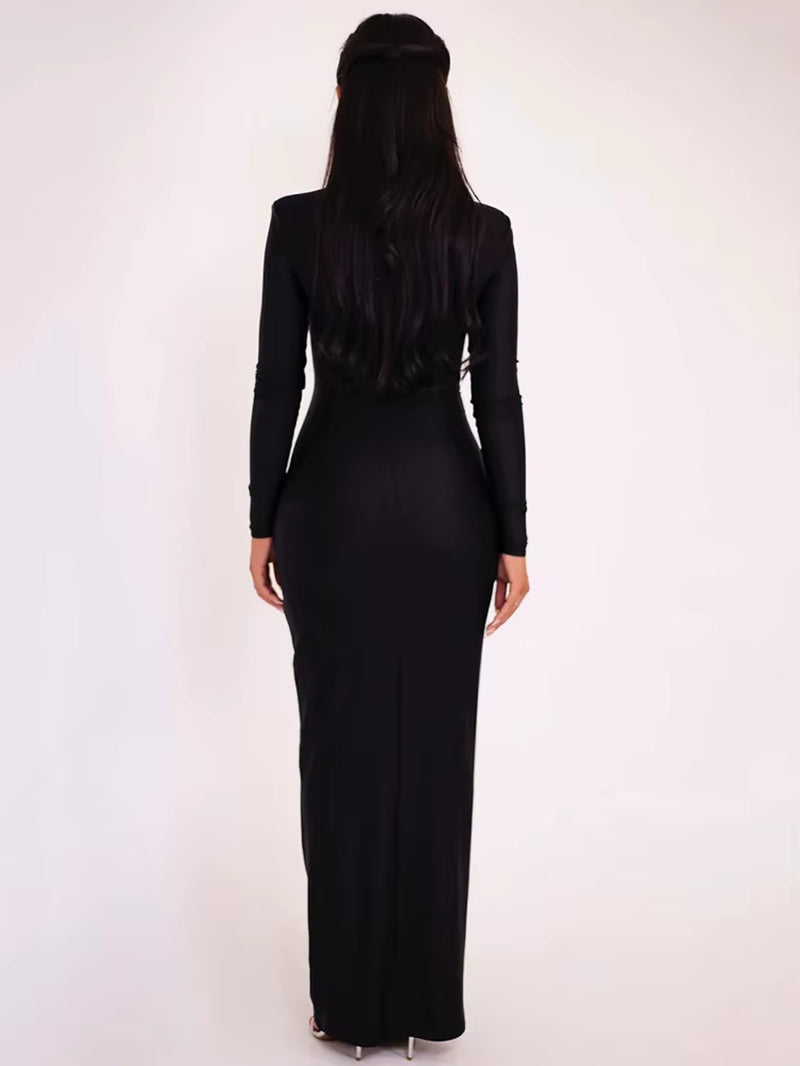 Elegant Hollow Out Long Sleeve Sexy Maxi Dress for Women Solid Color Slim Fit Cut Out Club Party Long Dress New